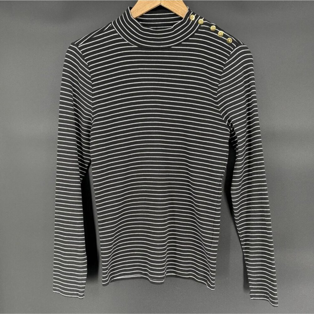 J. Crew Womens Striped Mockneck Top M Black White Preppy Nautical Professional
